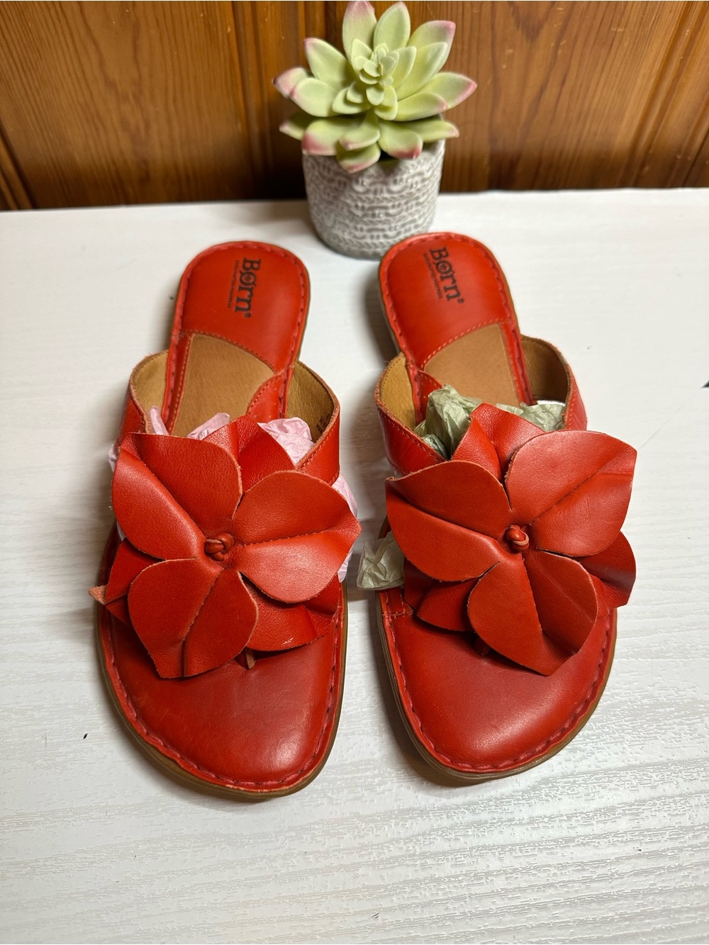 Born Red Leather Flower-Accent Slide Mules